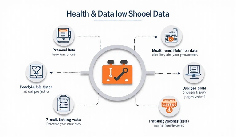 Diagram przedstawiający różne typy gromadzonych danych: dane osobowe, dane zdrowotne, dane użytkowania i pliki cookie.